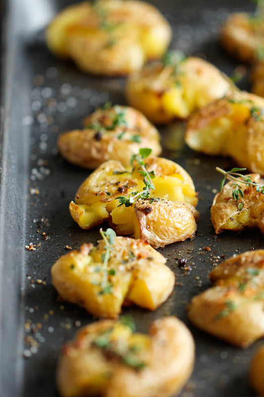 Crispy Smashed Potatoes with Garlic Flax Seed Oil
